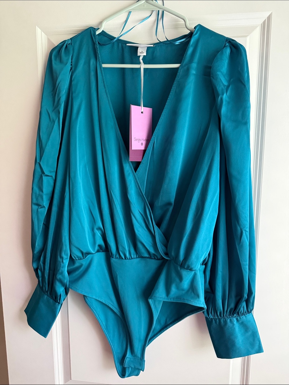NWT Sergio Hudson Target Teal Blue Long Sleeve Wrap Satin
Bodysuit Medium